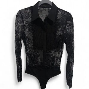 Misguided Peace + Love Black Lace Bodysuit Long Sleeve‎ Button Down Top Size 4